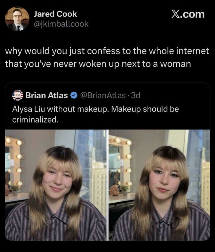A tweet from Jared Cook about a Brian Atlas tweet of Alysa Liu without makeup, part of a Roses Are Red meme.