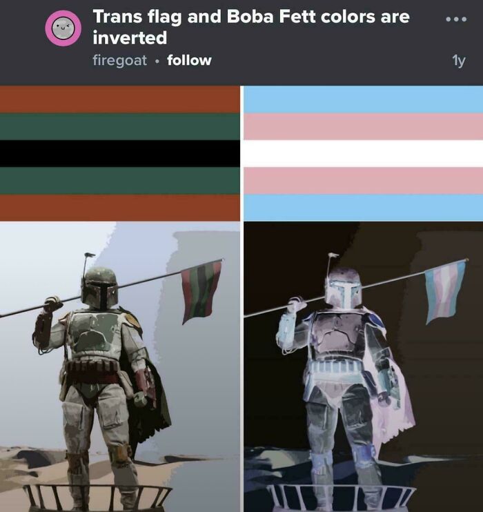 A split image showing Boba Fett with original and inverted Trans flag colors, for a Roses Are Red meme.