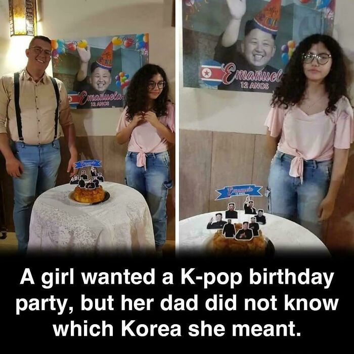 A Roses Are Red meme of a girl's K-pop birthday party with a Kim Jong Un poster, for comedy.
