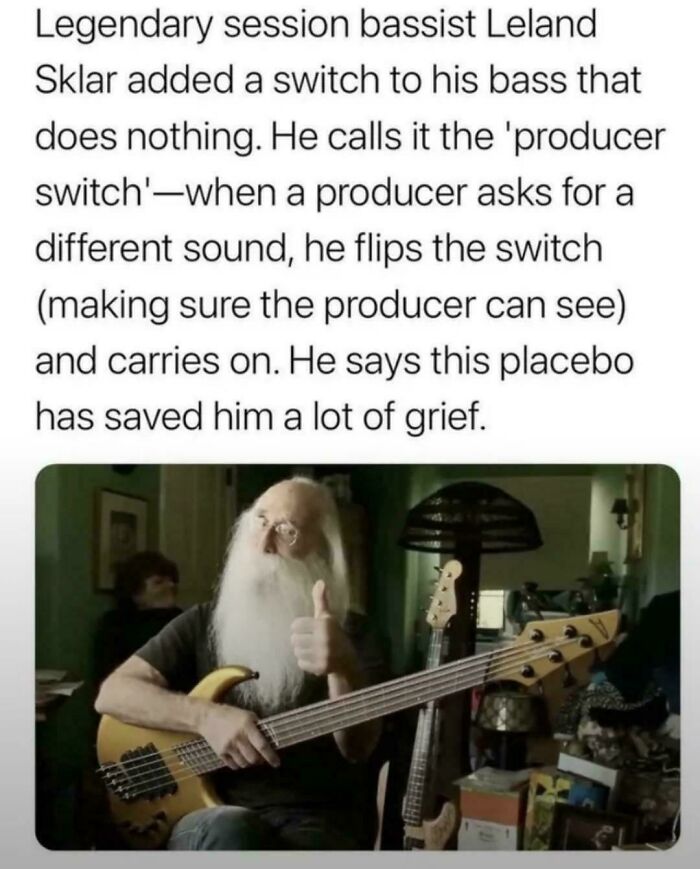 An image of legendary session bassist Leland Sklar with a long white beard, holding his bass and giving a thumbs up. Text describes his 'producer switch' that does nothing, used to humor producers.