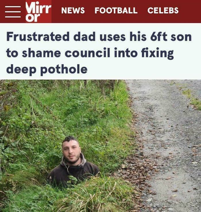 A Mirr.or article headline and image about a frustrated dad using his 6ft son to shame council into fixing a deep pothole. The son stands waist-deep in dense roadside greenery beside a dirt path, illustrating the pothole's depth.