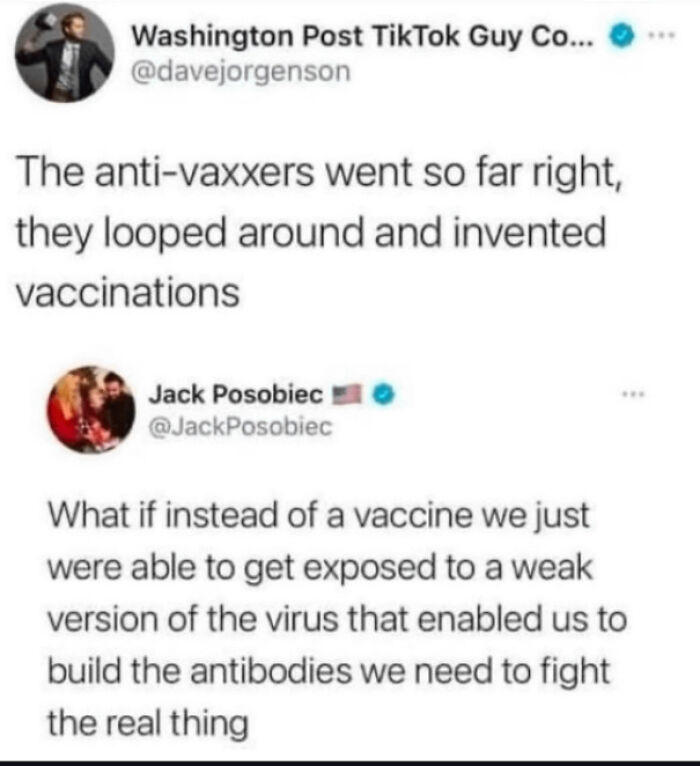 A Roses Are Red rhyme meme featuring tweets about anti-vaxxers inventing vaccines for comedy.
