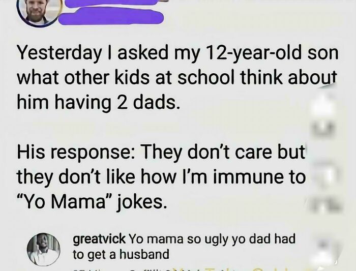 A text conversation meme about a child with two dads being immune to Yo Mama jokes, a comedy masterpiece.