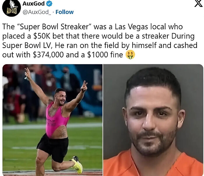 A tweet shows a man streaking at the Super Bowl and his mugshot, an example of Roses Are Red memes.