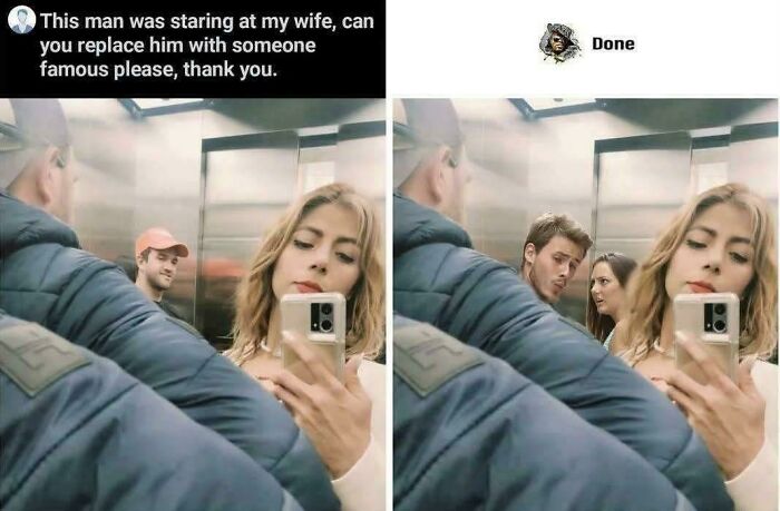 A split image meme shows a man swapped out for a famous celebrity in an elevator, a comedy masterpiece.