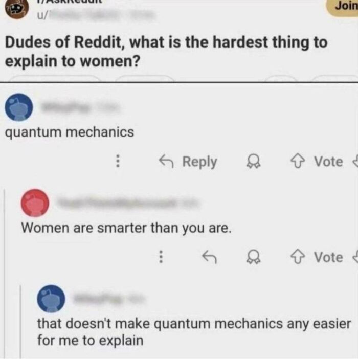 A Reddit thread meme discussing hard things to explain to women, part of a collection of comedy masterpieces.