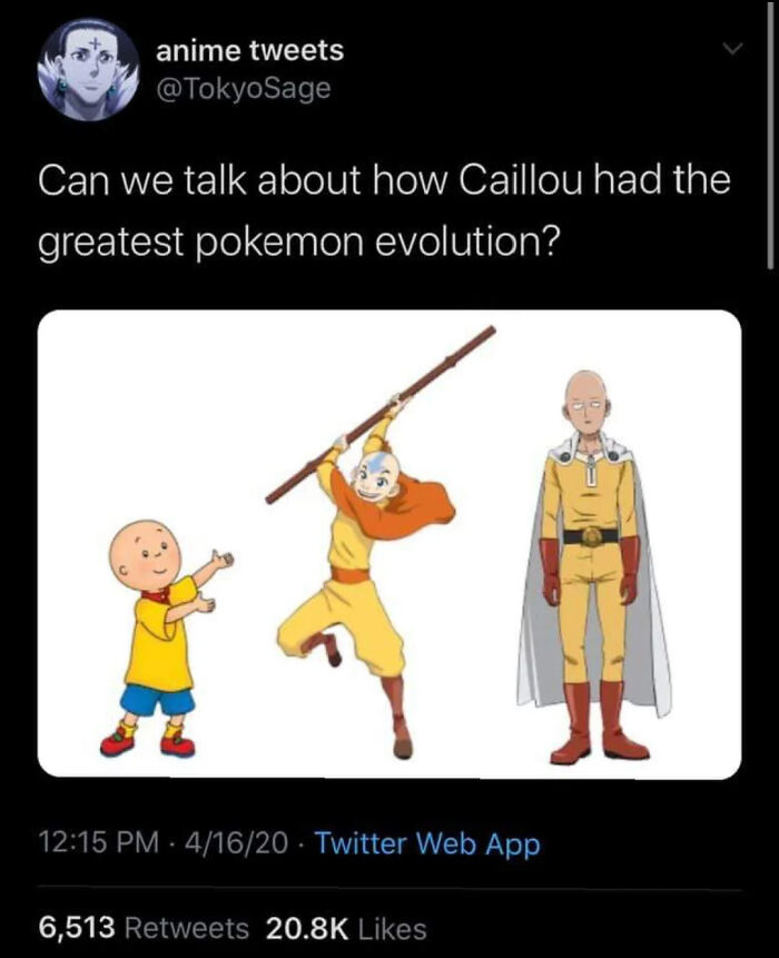 A Roses Are Red rhyme meme showing a tweet asking about Caillou's greatest Pokemon evolution, depicting Caillou, Aang, and Saitama.