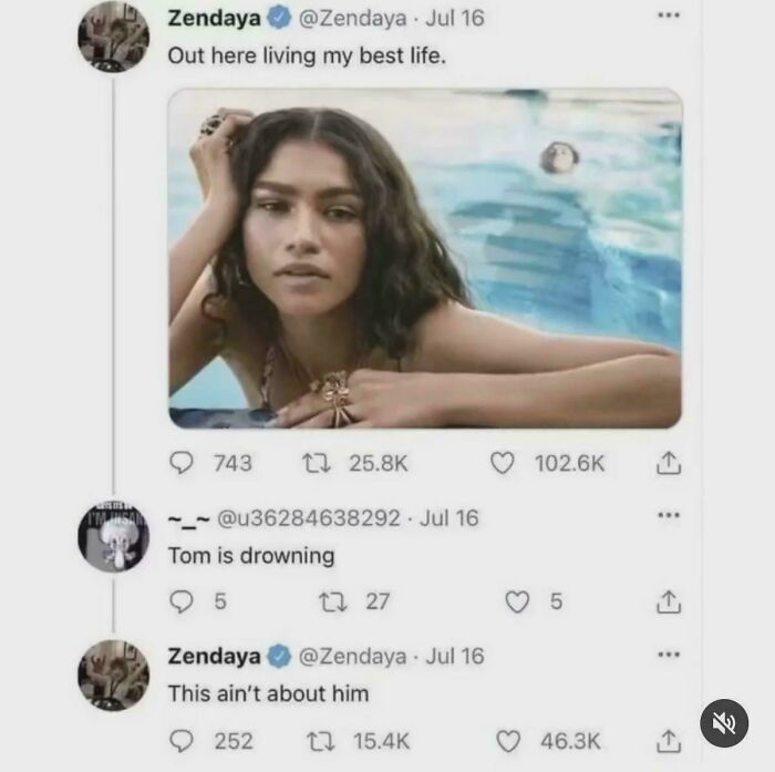 A Roses Are Red rhyme meme showing Zendaya's tweet 'Out here living my best life' with a user comment 'Tom is drowning' and Zendaya's reply.