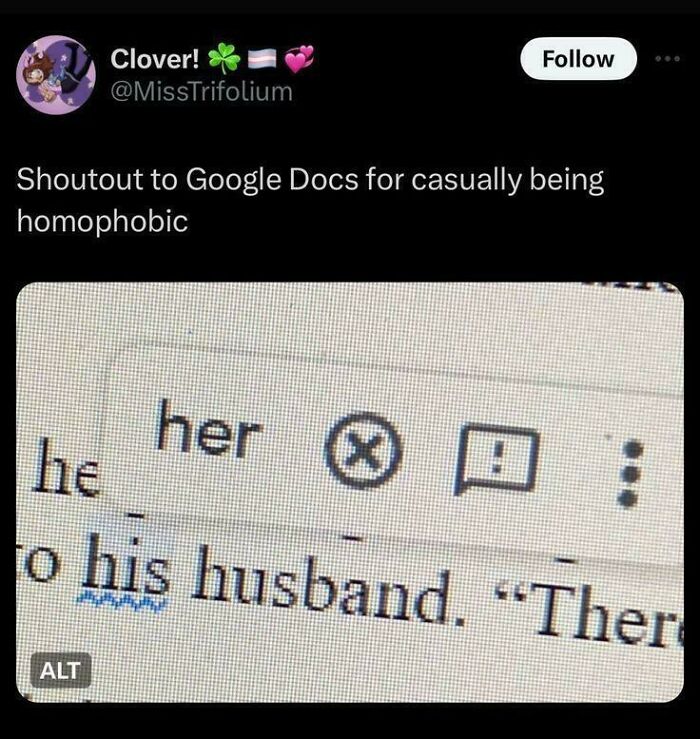 A screenshot from Google Docs showing a highlighted word 'his' in 'to his husband', indicating a grammar check error, creating comedy.