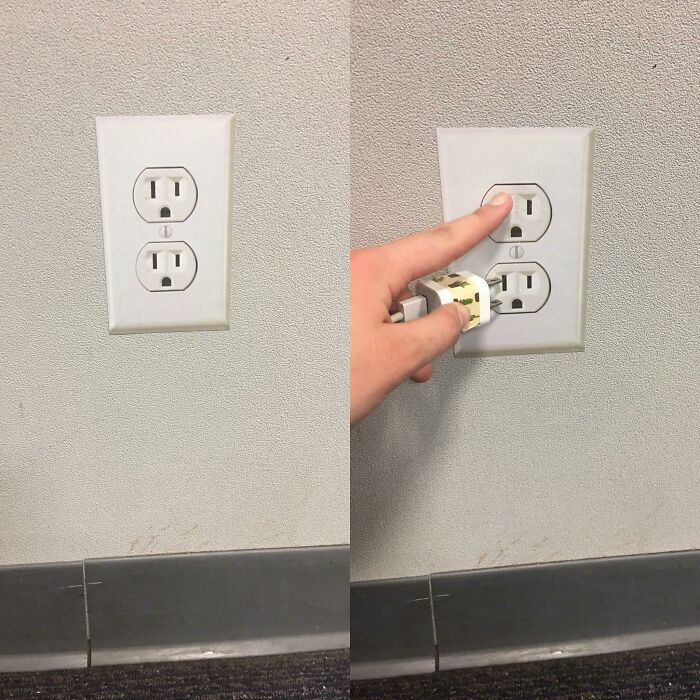 A hand attempts to plug a two-prong adapter into a three-prong outlet, a hilarious thing spotted at airports.