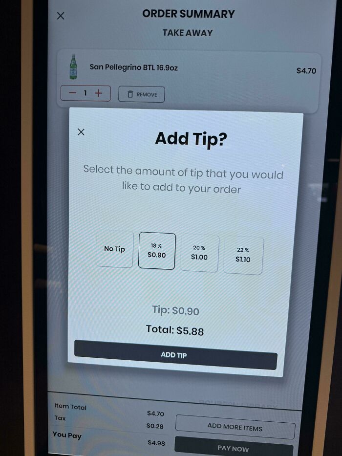 An airport self-service kiosk displaying an order summary and options to add a tip, a weird thing spotted.