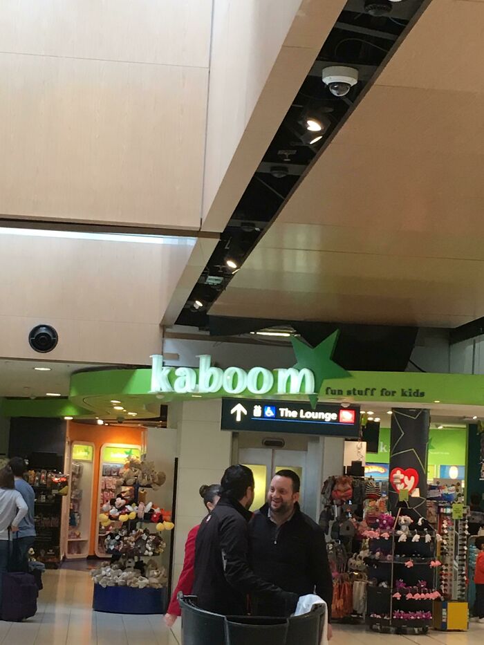 The Kaboom Fun Stuff for Kids store sign at the airport, a hilarious thing spotted.
