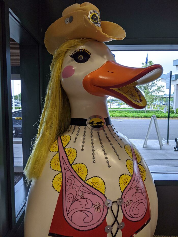 A duck statue dressed as a cowgirl, wearing a hat and bikini, a hilarious thing spotted at airports.