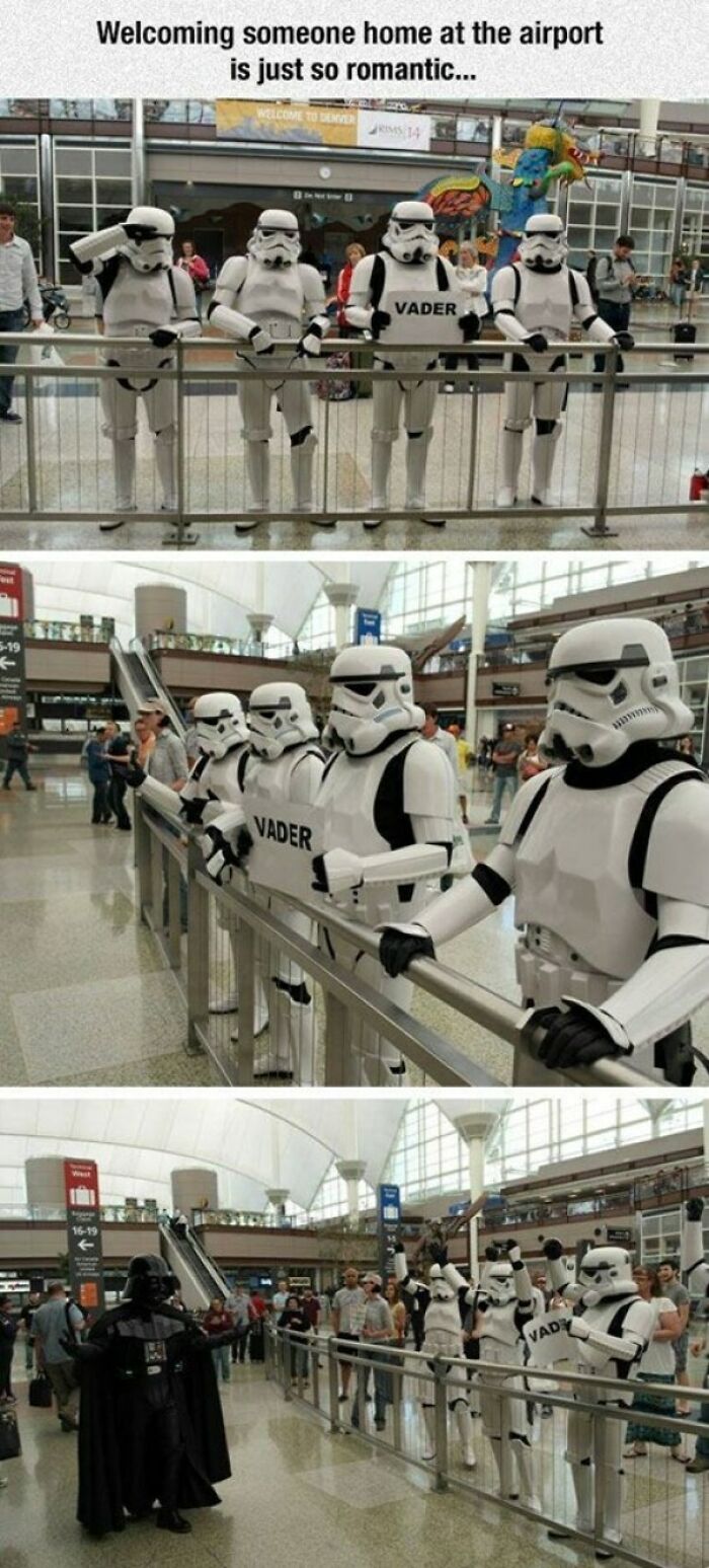 Stormtroopers and Darth Vader at an airport greeting someone, one of the weird things spotted at airports.