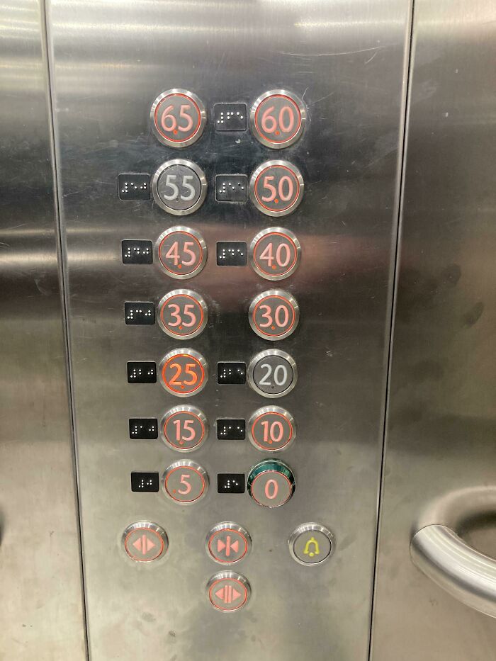 An elevator panel with buttons numbered 0 to 65, including braille, inside an airport. Hilarious and weird things spotted at airports.