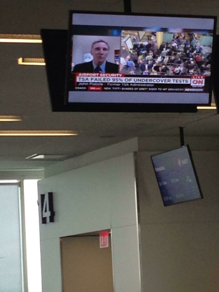 A TV screen at the airport showing a news report about airport security. Hilarious and weird things spotted at airports.