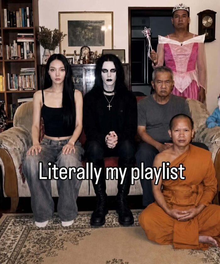 A meme featuring a diverse group of people, including a goth and a man in a princess dress, with the text: 'Literally my playlist.'