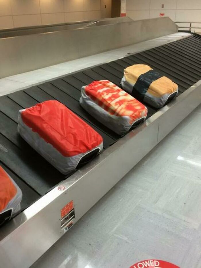 Sushi-shaped luggage on a conveyor belt, a weird and hilarious sight spotted at airports.