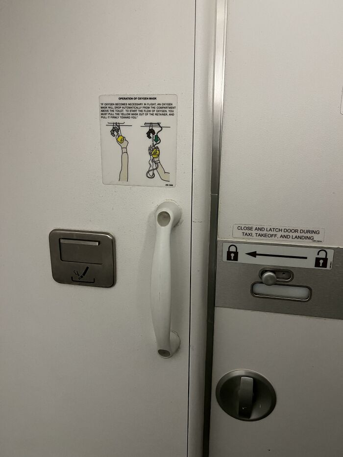Airplane door with oxygen mask instructions, showing unhinged things cabin crew encounter.