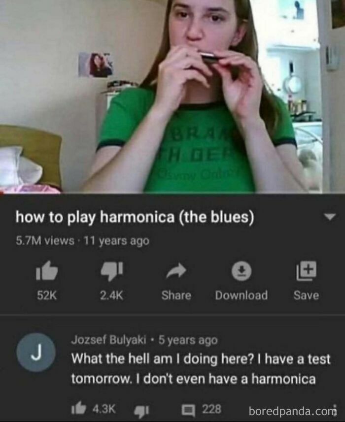 A person playing harmonica in a YouTube video, with a relatable YouTube comment below it.
