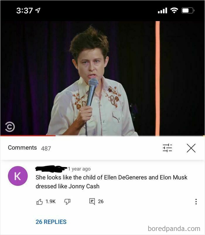 A screenshot from a YouTube video showing a person performing stand-up comedy, with a humorous comment below.