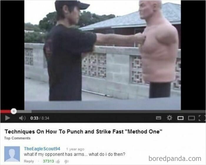 A person punching a dummy in a YouTube video, with a funny YouTube comment below it.