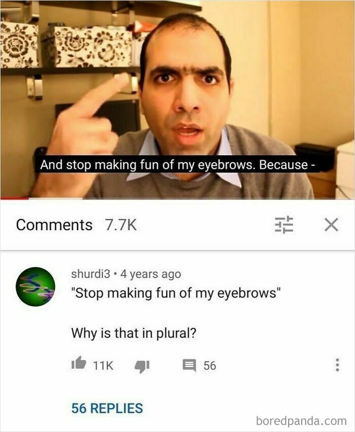 A man with thick eyebrows pointing to them in a video, with a YouTube comment about finding gold after scrolling down.