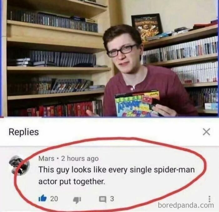 A man holding a video game, with a YouTube comment saying he looks like Spider-Man and finding gold after scrolling down.