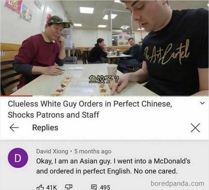 A man reacting to another man ordering in Chinese with a YouTube comment about finding gold after scrolling down.