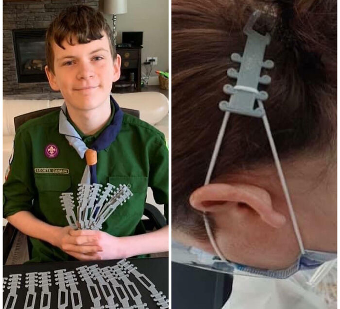 A boy holding 3D printed mask ear savers, a brilliant item created by 3D printers.