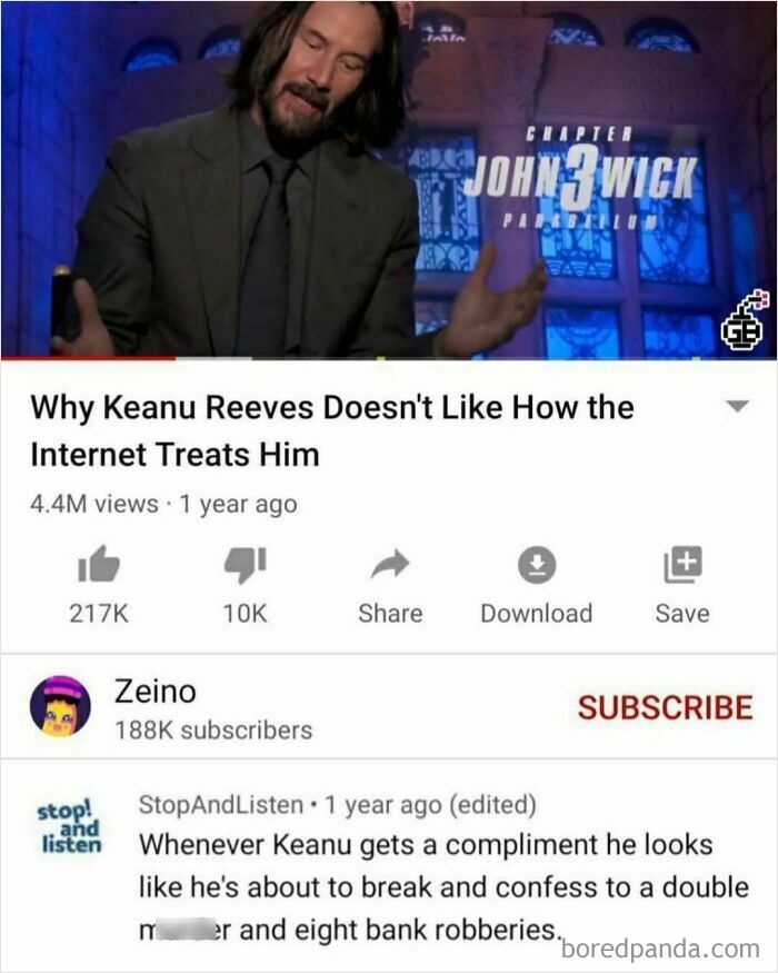 Keanu Reeves in a YouTube video about internet treatment, below a humorous comment about his reactions, exemplifying funny YouTube comments.