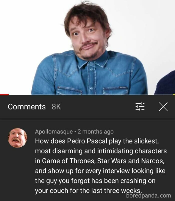 A screenshot of a YouTube video featuring Pedro Pascal and a funny comment about his interview persona, demonstrating amusing YouTube comment section finds.