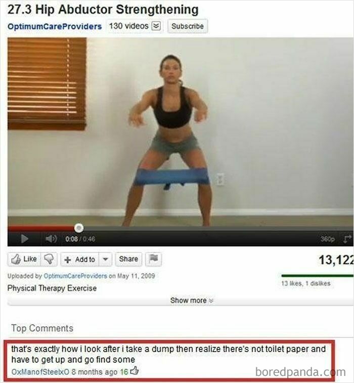 A funny YouTube comment is highlighted under a Hip Abductor Strengthening exercise video.