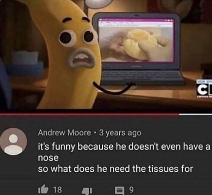 An animated banana character watching a laptop, with a humorous YouTube comment about its lack of a nose.