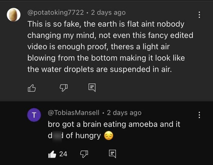 A screenshot of a YouTube comment about flat earth theory and a humorous reply, exemplifying funny YouTube comment section engagement.