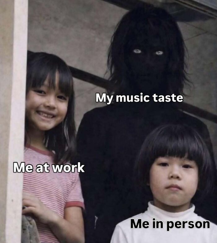 A meme showing a cheerful girl, a somber girl, and a shadowy figure representing different aspects of self.