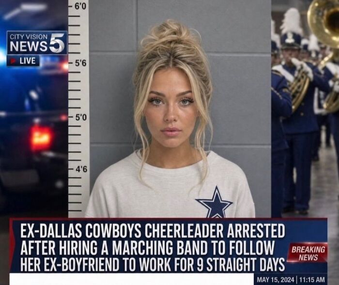 A news graphic with a mugshot of an ex-Dallas Cowboys cheerleader, making a funny meme.