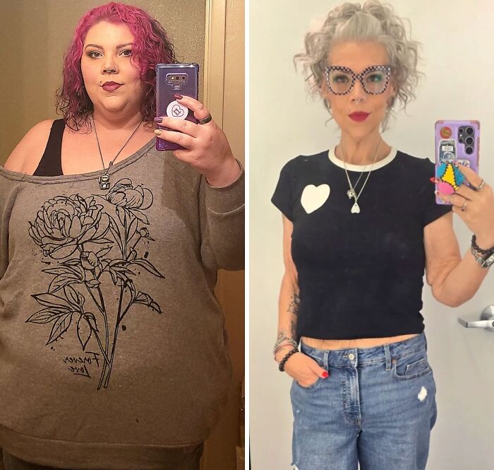 A woman showing a significant breakup transformation, from pink hair and a loose top to short grey hair and a fitted black shirt.