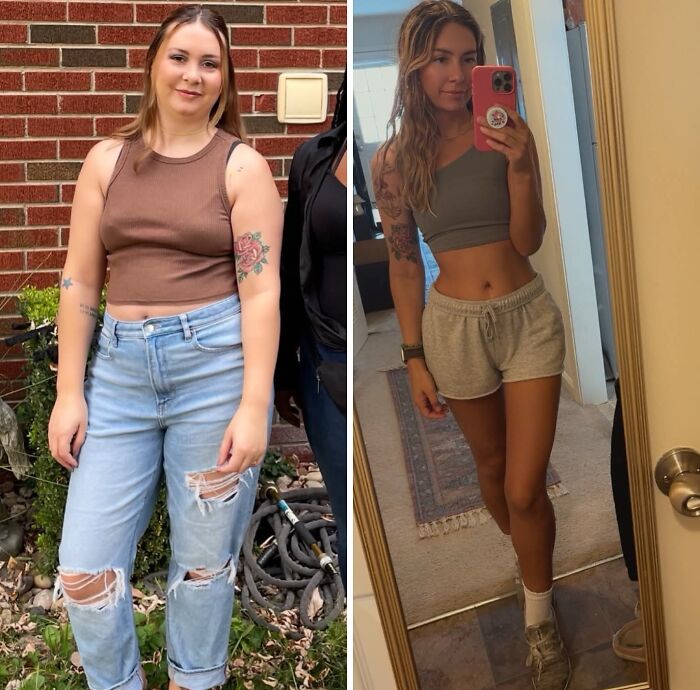 A woman's breakup transformation shows her weight loss. On the left, she is heavier in jeans. On the right, she is slimmer in shorts, taking a mirror selfie.