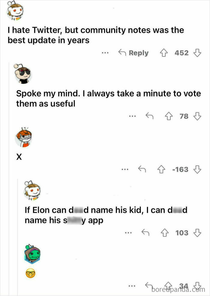 A screenshot of various downvoted comments on Reddit, including one about Twitter community notes and another about naming an app.