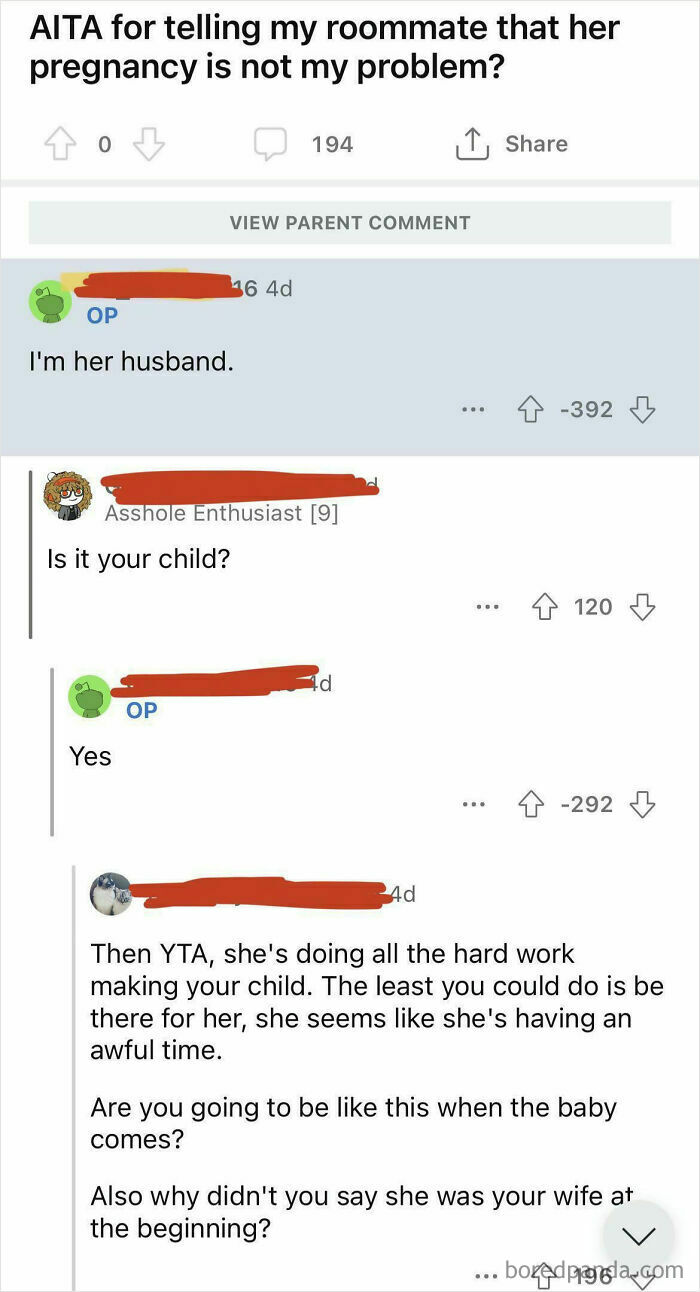 A screenshot of a Reddit thread where a user's comments are downvoted to oblivion for claiming a roommate's pregnancy isn't their problem, despite being the husband.