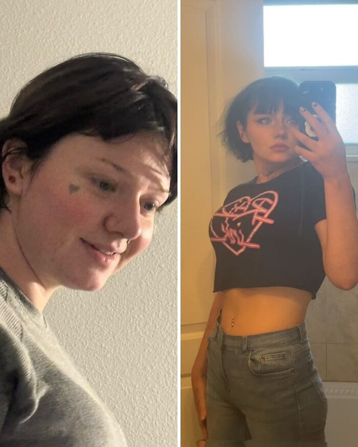 A woman's breakup transformation, from a shy expression to a confident selfie in a crop top, reflecting peace.