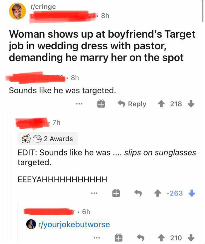 A Reddit comment section about a woman proposing at Target, with a pun that gets heavily downvoted.