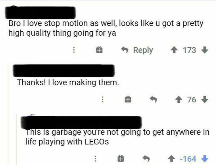 A downvoted comment on Reddit criticizing someone's stop-motion LEGO hobby as garbage.