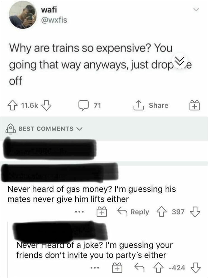 A Reddit thread where a user asks why trains are expensive, followed by a downvoted comment about gas money and a reply about jokes.