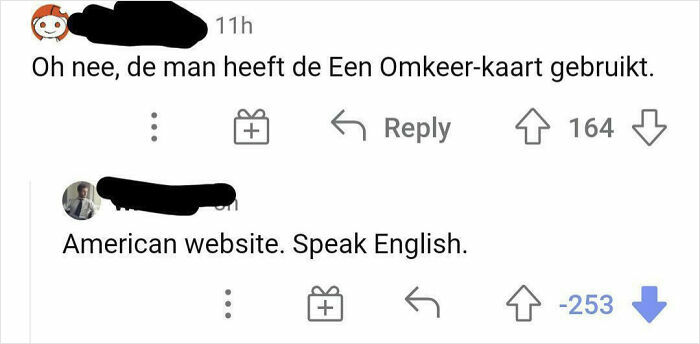 A downvoted comment telling someone to speak English on an American website.