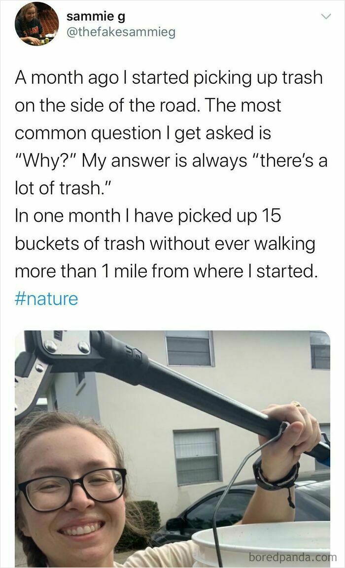 A screenshot of a tweet from Sammie G about picking up trash, featuring a smiling woman holding a bucket and picker.