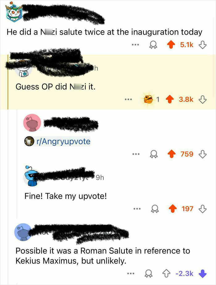 A screenshot of downvoted comments showing a discussion about salutes at an inauguration.