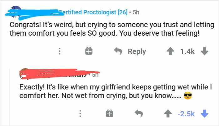 A downvoted comment on Reddit about someone's girlfriend getting wet while being comforted, demonstrating reasons for downvotes.