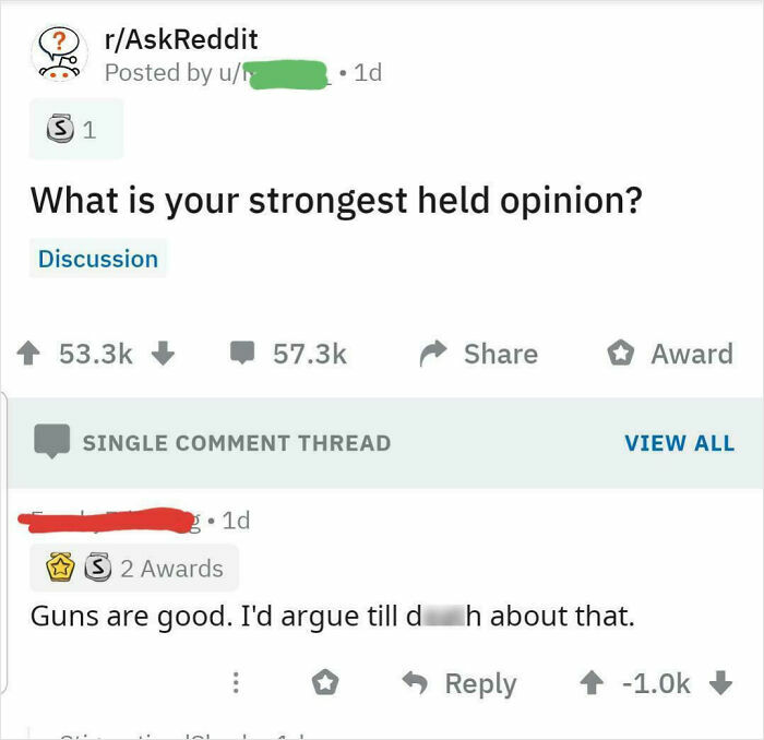 An AskReddit post about strong opinions, with a downvoted comment stating Guns are good.
